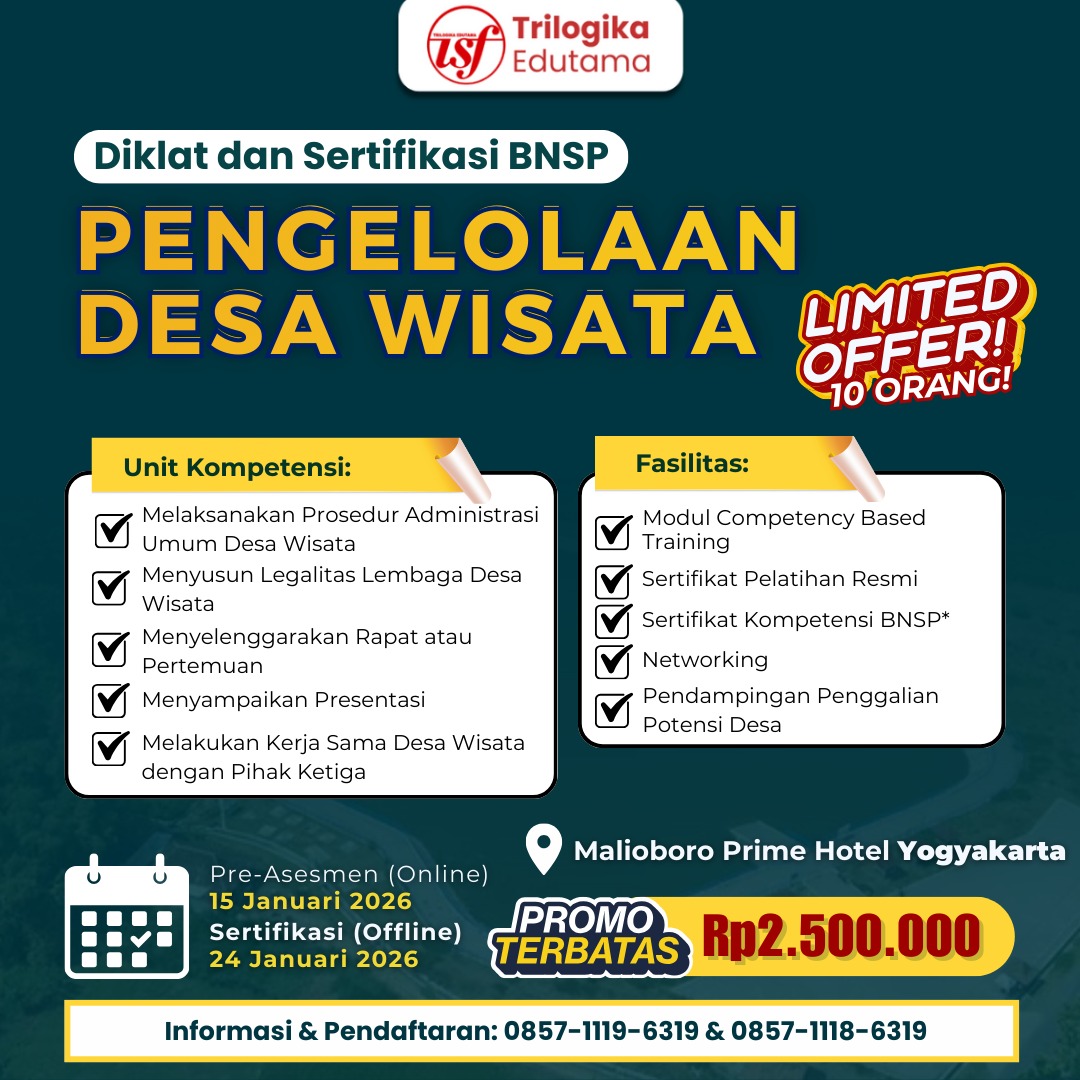LIMITED OFFER!! DIKLAT DAN SERTIFIKASI PENGELOLAAN DESA WISATA!!!